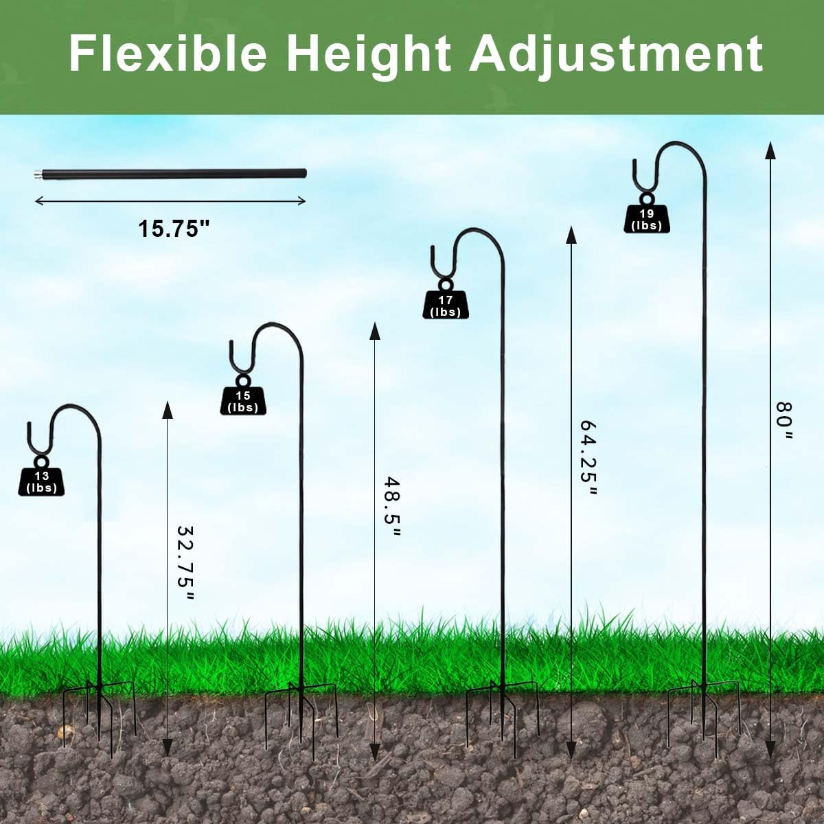 Bird Feeder Pole, 80" Tall Heave Duty Pole with Shepherd Hook 5 Prongs Base for Outdoor Hummingbird Feeders (No Bird Feeder or Baffle)