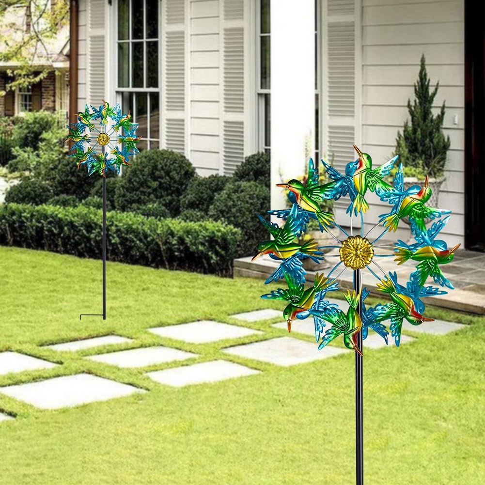 Viveta Wind Spinners for Yard and Garden, Hummingbird Wind Spinners with Metal Stake, 57.5" Double Wind Spinner Yard Art Decor for Patio Lawn Garden