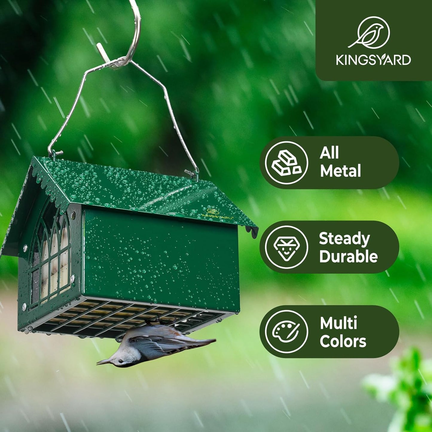 Kingsyard Double Upside Down Suet Feeder Squirrel Proof with Weatherproof Roof, All Metal Suet Feeders for Outdoors Hanging, Great for Downy Woodpecker Nuthatch Chickadee, Green