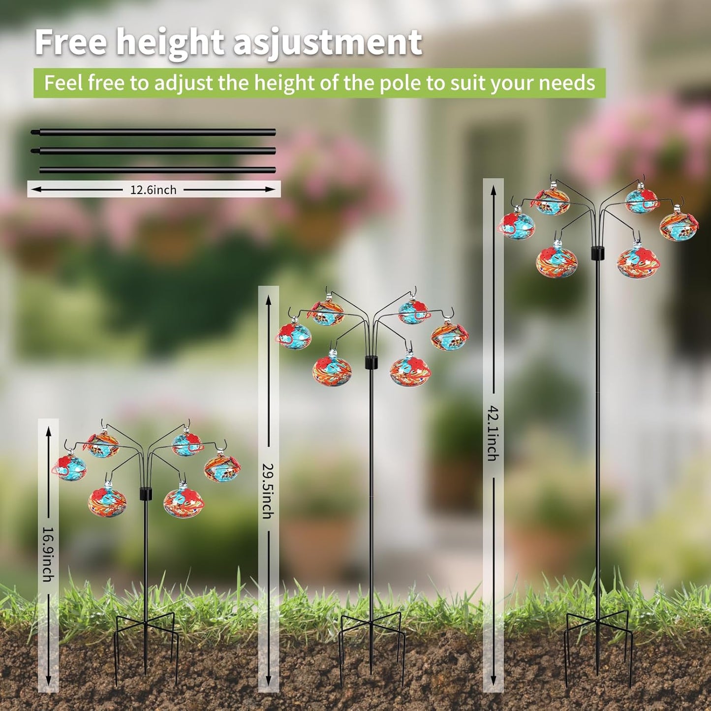 Decorative Hummingbird Feeders for Outdoors Hand-Blown Glass Hummingbird Feeders Stand 6 Feeding Stations Never Leak Garden Decor Backyard,Gifts for Women Mom (Phoenix Tail Blue)