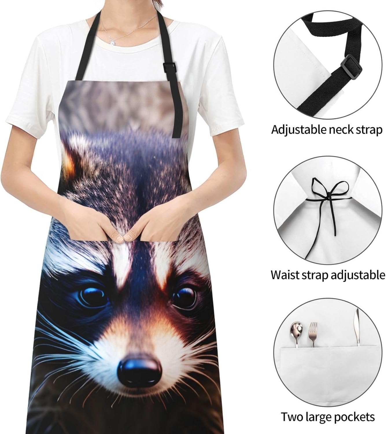 Little Raccoon Face print Waterproof chef's apron with pocket apron for kitchen cooking baking barbecue and gardening