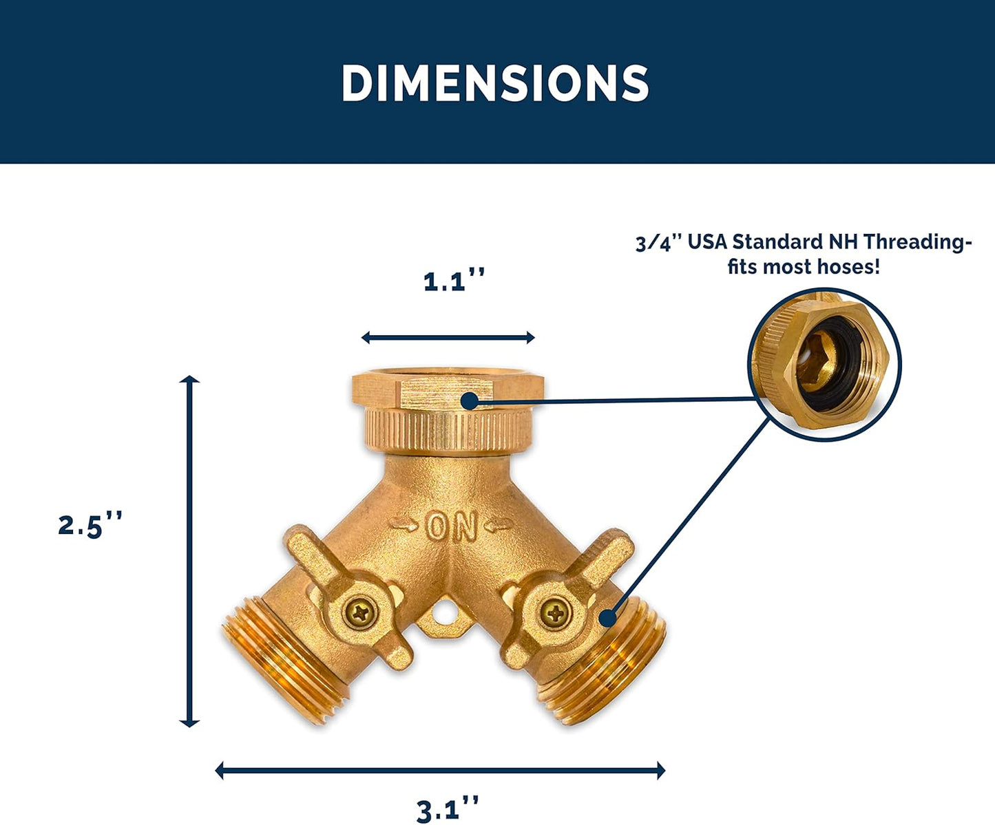 Morvat Brass 2-Way Y Splitter LEAD-FREE, Heavy-Duty Garden Hose Manifold Connector with Improved Comfort Grip ON/OFF Valves, Adapter for Water Faucet & Spigot, Extra 3 Washers, Teflon Tape (1-Pack)