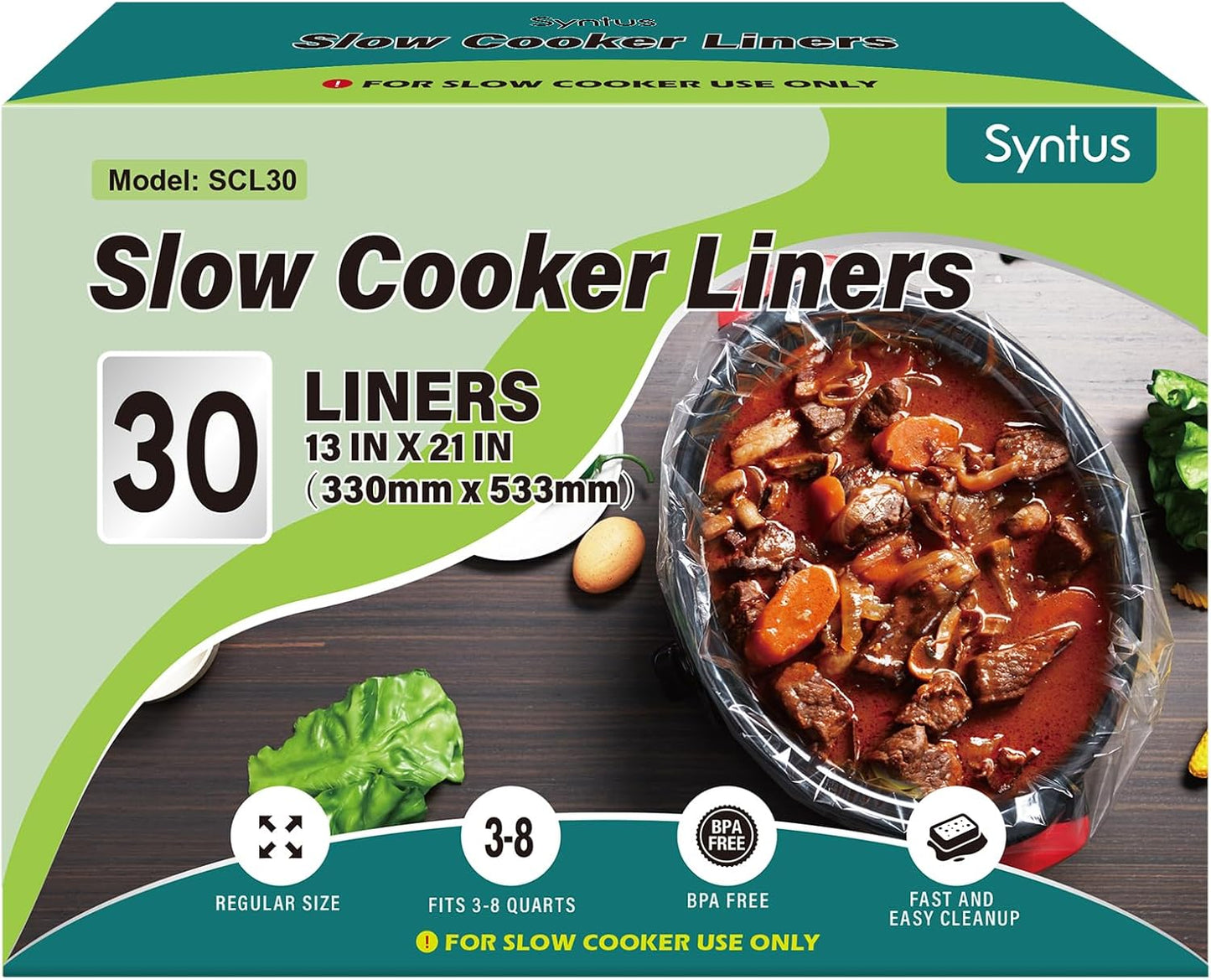 Syntus Slow Cooker Liners, 30 Count Cooking Bags Large Size Disposable Pot Liners Plastic Bags, Fit 3QT to 8QT for Slow Cooker Cooking Trays, 13"x 21", 30 Liners