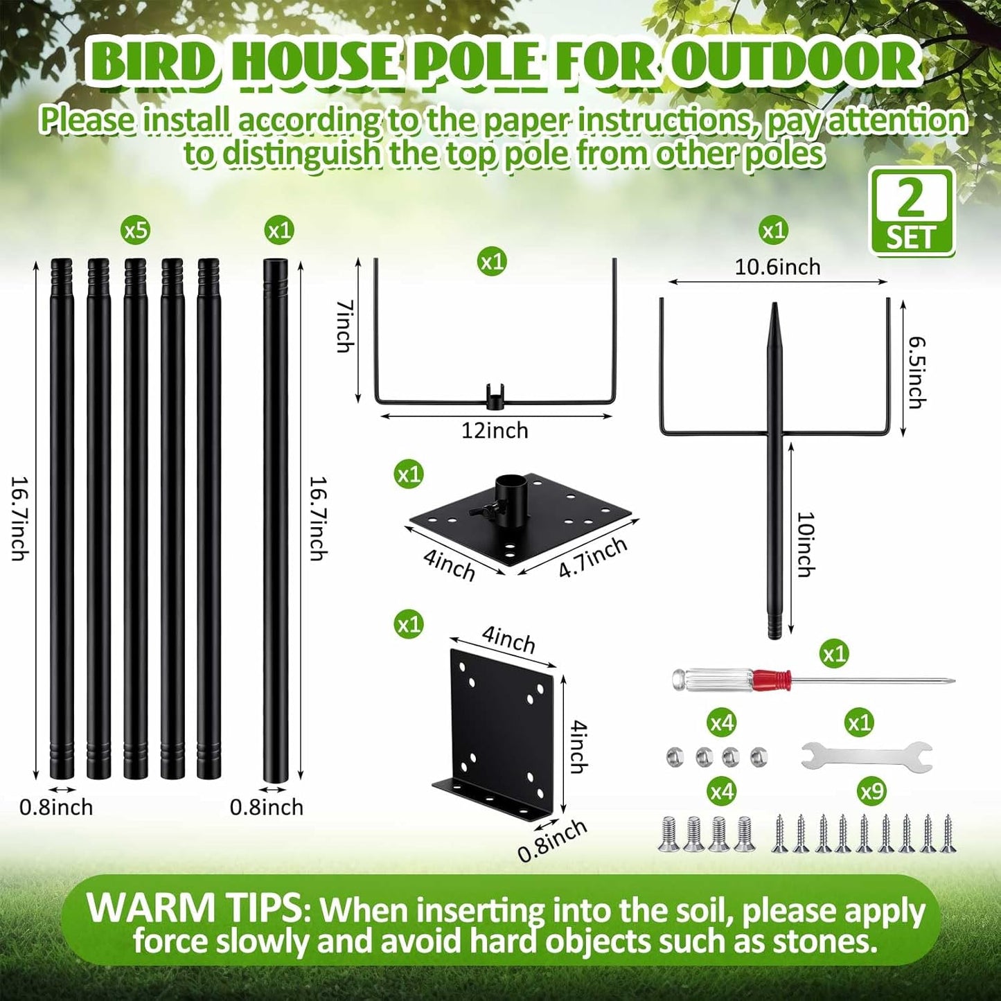 Juexica 2 Set Bird House Poles for Outdoors, 108 Inch/9ft Birdhouse Stands 5 Base Prongs Heavy Duty Adjustable Universal Mounting Pole for Bluebird Hummingbird Wild Birds(Bird House is Not Included)