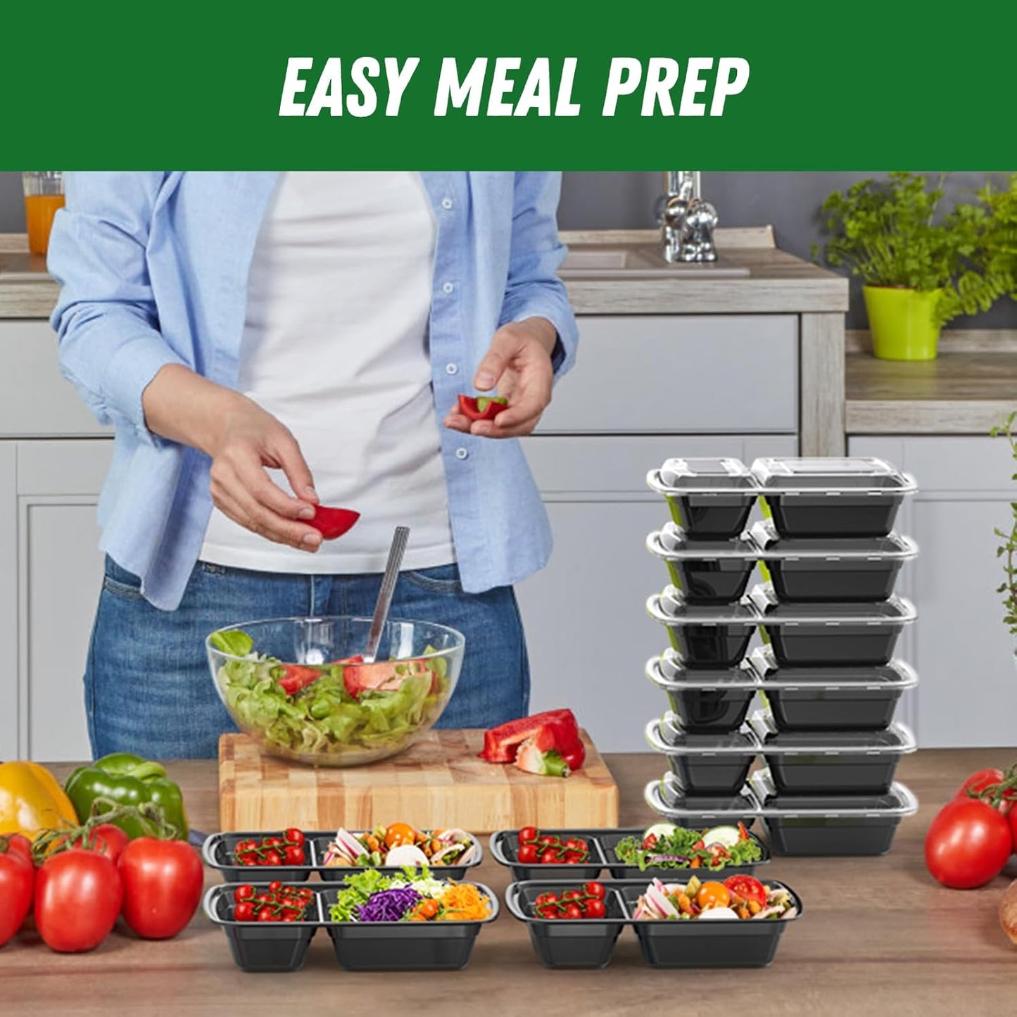 50 Pack (100-Piece) 28 oz Meal Prep Containers Reusable with Lids 2-Compartment, Sturdy Leakproof Food Safe, Microwave Freezer Dishwasher Safe, To Go Take Out Plastic Food Storage, Black