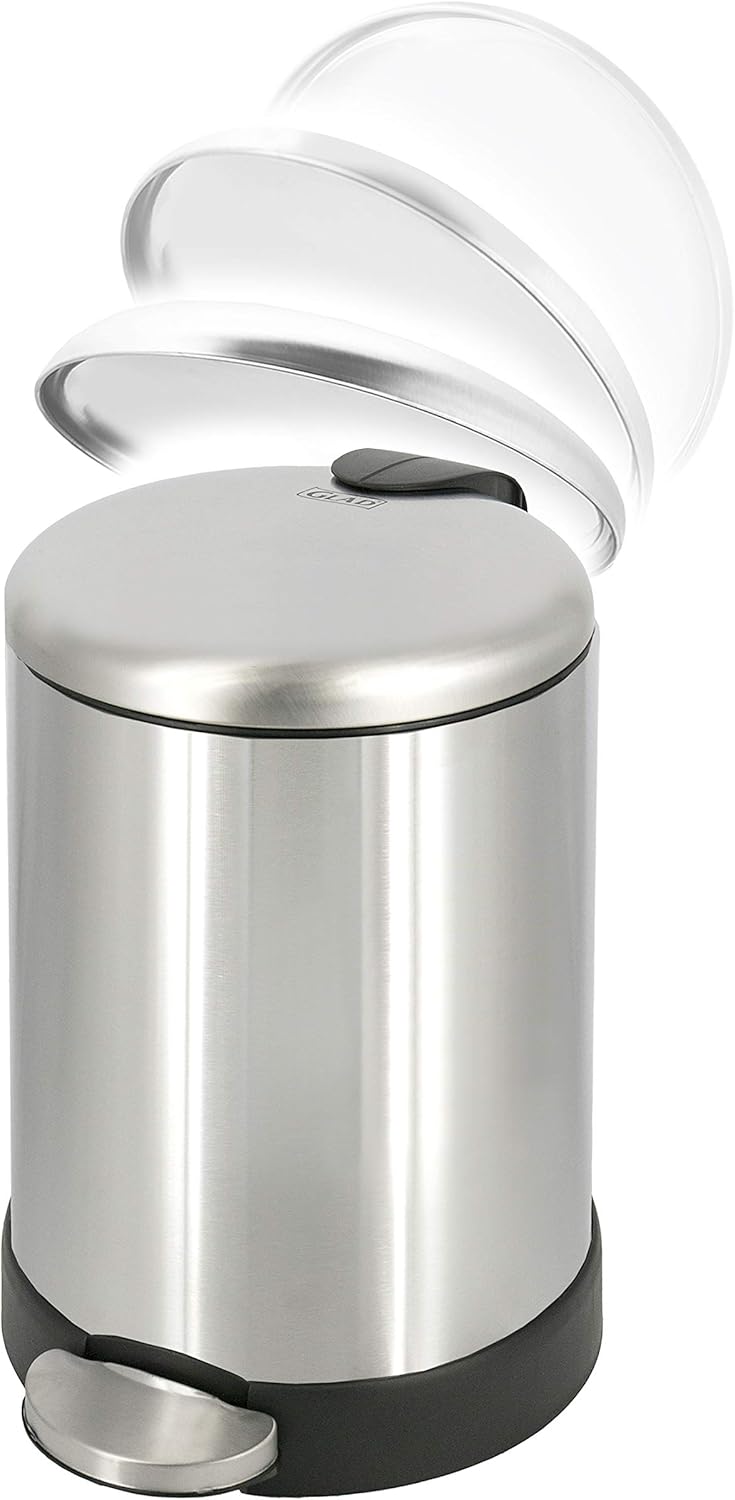 Glad Small Trash Can, 1.2 Gallon | Round Stainless Steel Garbage Bin with Soft Close Lid & Step Foot Pedal | Metal Waste Basket with Removable Inner Bucket, Stainless, 8 x 9.5 x 12 inches