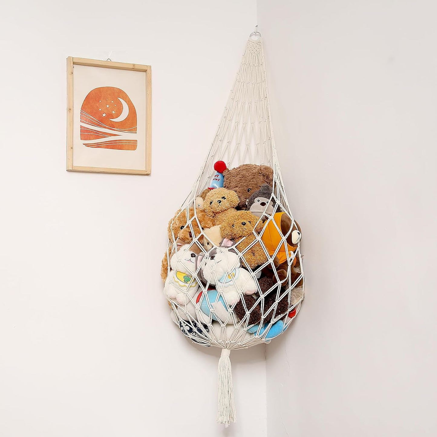 Stuffed Animal Storage Organizers Corner Hanging Ne 60" L Stuffy Animal Hammock Macrame Toy Display Plush Toy Holder Wall, Kid Bedroom Decor Boho Nursery Playroom Organizer 60" L (Cream)