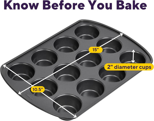 Wilton Gold Non-Stick 12 -Cup Muffin Pan, Cold-Rolled Steel Bakeware, Made without PFAS, 10.5 x 15 x 1.4 in, Packaging May Vary