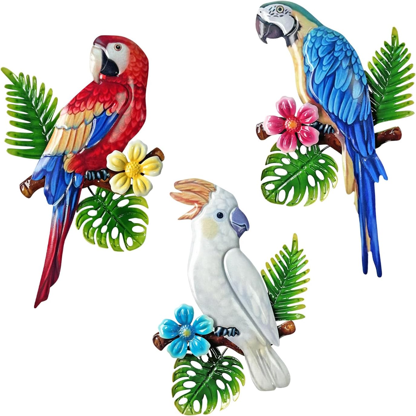 WAIU 3 Pcs Metal Parrot Wall Art Decor Set - Tropical Vivid Parrots on Branch, Outdoor Indoor Hanging Decor for Garden Fence Courtyard Patio