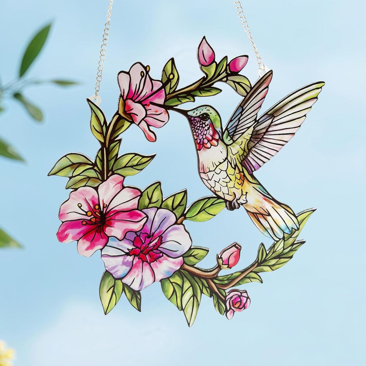 Stained Glass Window Hanging Hummingbird and Flower Suncatcher, Marzovitra 10 Inch Colorful Window Art Bird Sun Catcher for Home Decor, Garden, Patio, Gift for Nature and Bird Lovers