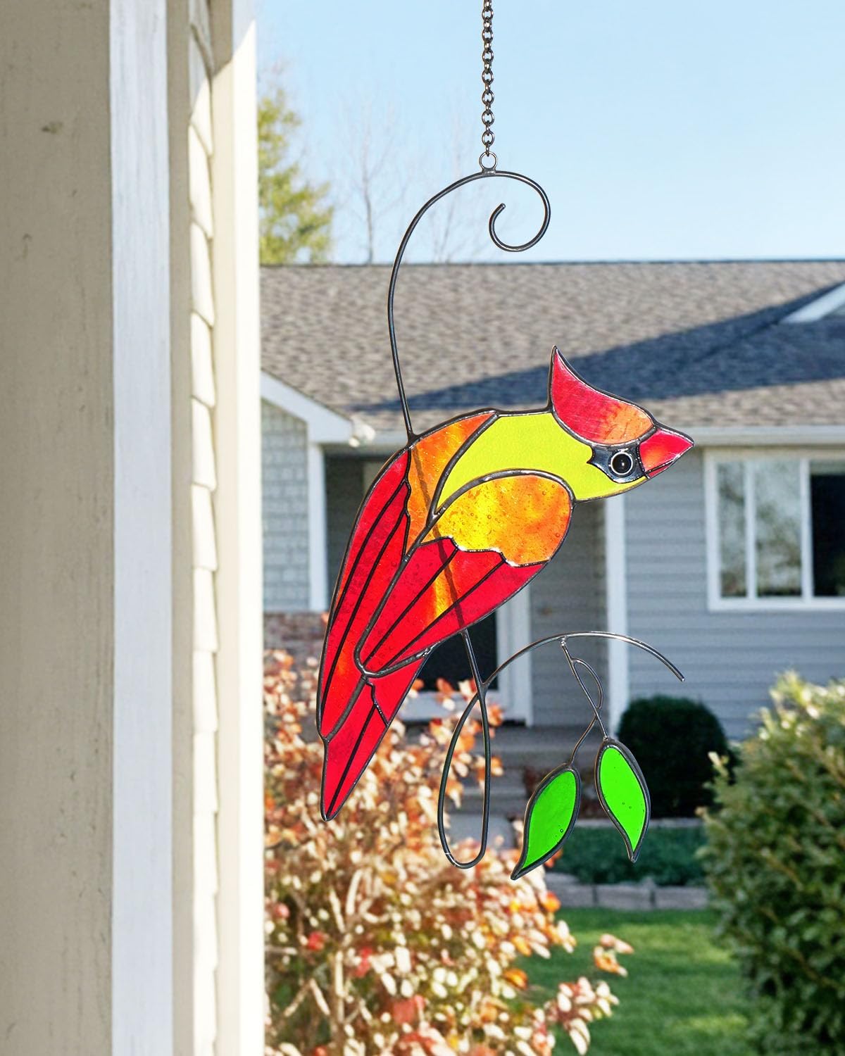 Cardinal Stained Glass Window Hanging, Handmade Memorial Gift for Women Men, Sun Catcher Indoor Window Decor, Suncatcher Bird Decoration, for Mom Bird Lover, 14.6(H) x5.9(W) Inch, Hanger Given