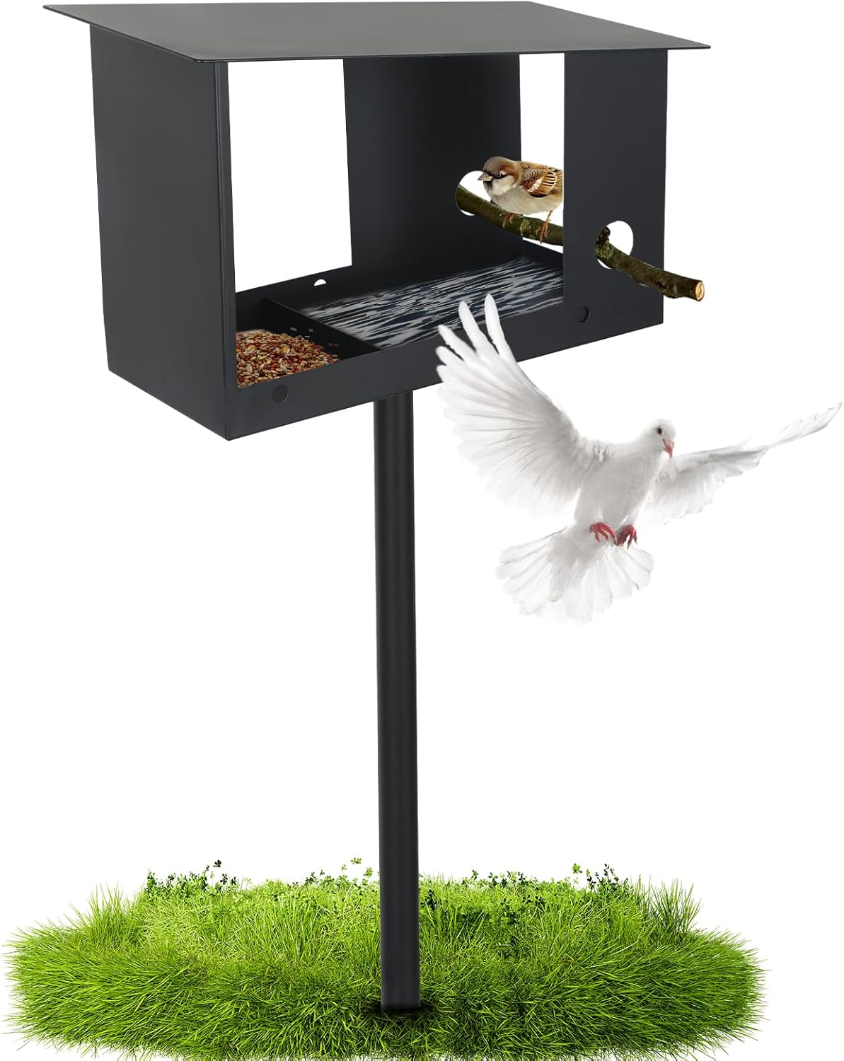 3-in-1 Metal Bird Feeder with Pole 59in High Weatherproof Wild Bird Feeding Station with Birdseed Area Removable Water Tray Custom Perch Ground-Mounted Bird Feeder for Small Birds Sparrow Tit Robin