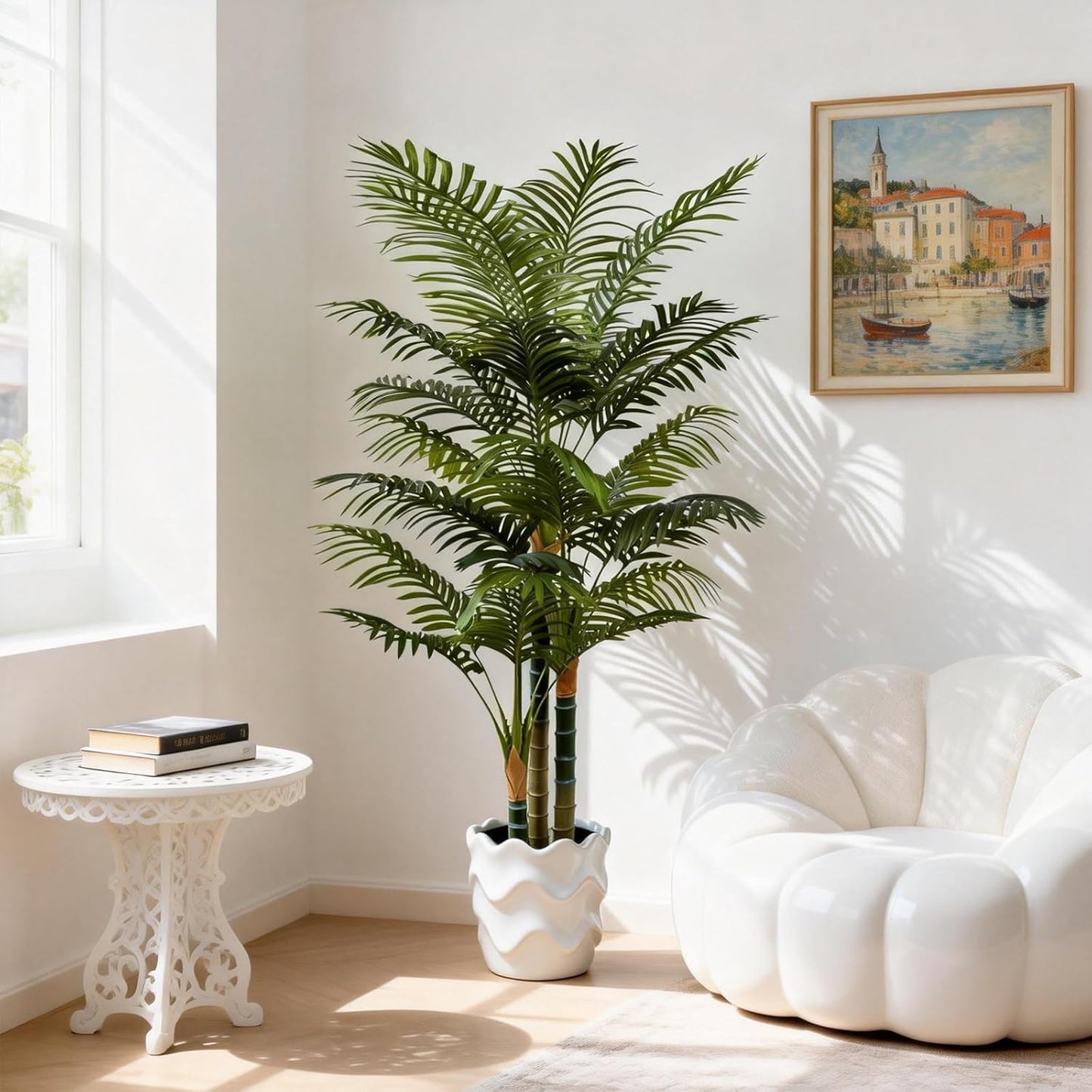 5FT Tall Golden Cane Artificial Palm Tree, Large Faux Palm Tree with 3 Textured Trunks, Outdoor Artificial Plants, Fake Tree for Indoor Office Living Room Outside Patio.