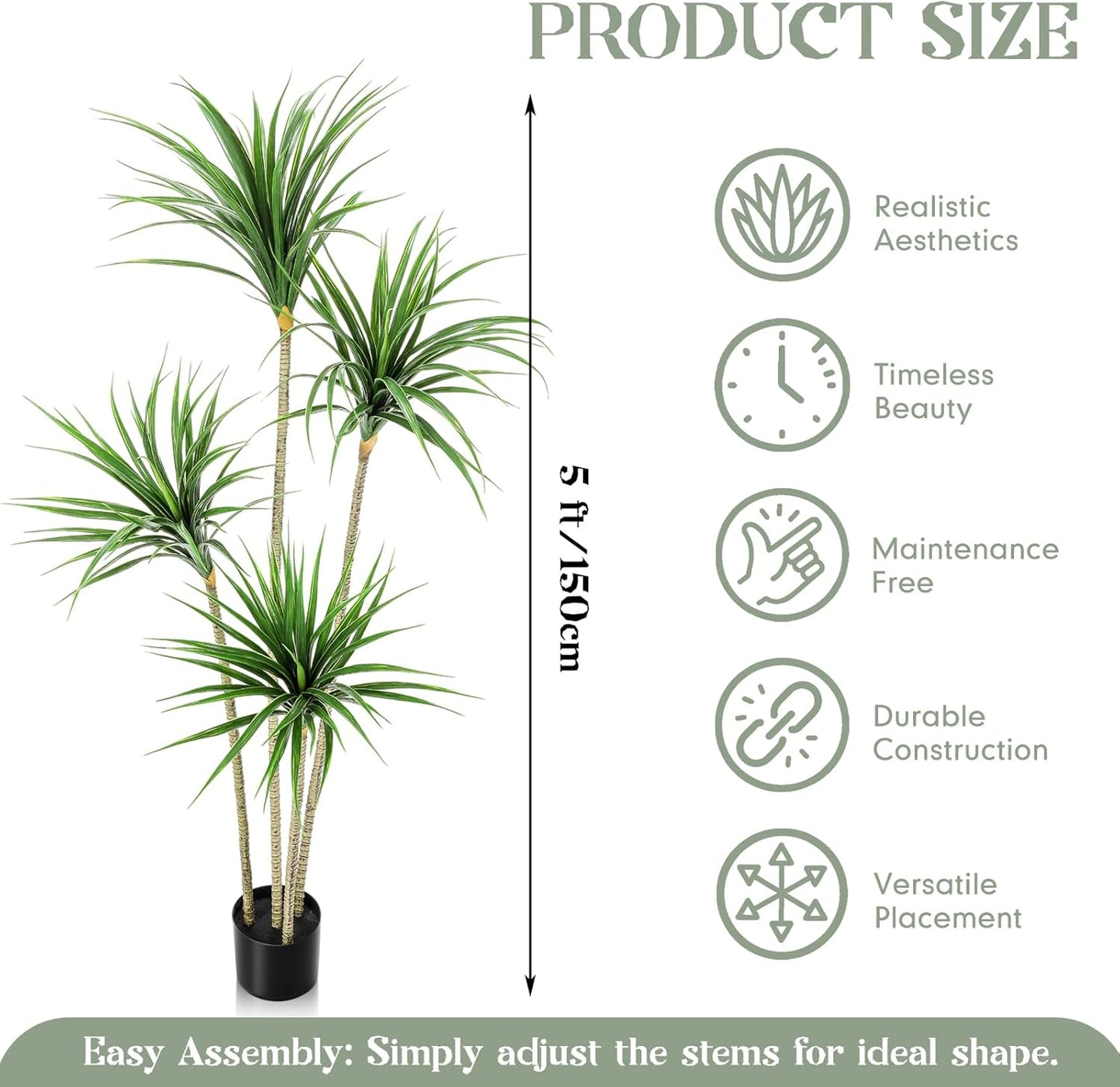 Jexine 5 ft Artificial Dracaena Marginata, Tall Artificial Dracaena Plant Tree, Tropical Faux Fake Floor Plant with Pot Indoor Outdoor Decorative Tree for Home Office Decor Housewarming Gift