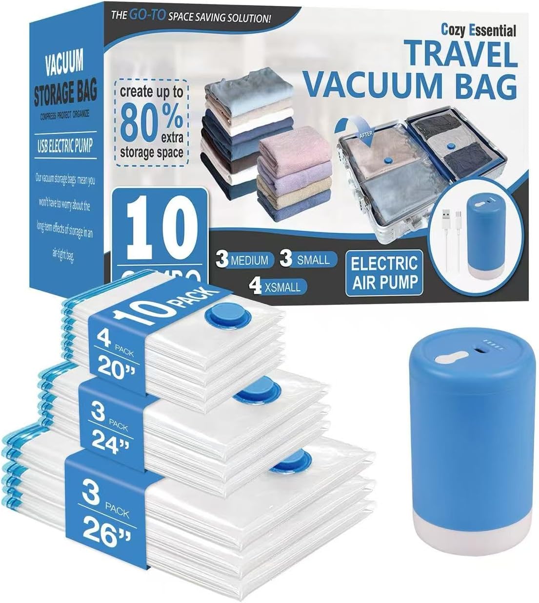 Cozy Essential Travel Vacuum Storage Bags with Rechargeable Cordless Electric Pump, Space Saver Bags for Luggage, Suitcase, Carry-On, for Clothes, Blankets, Comforters, Pillows, 10 Combo