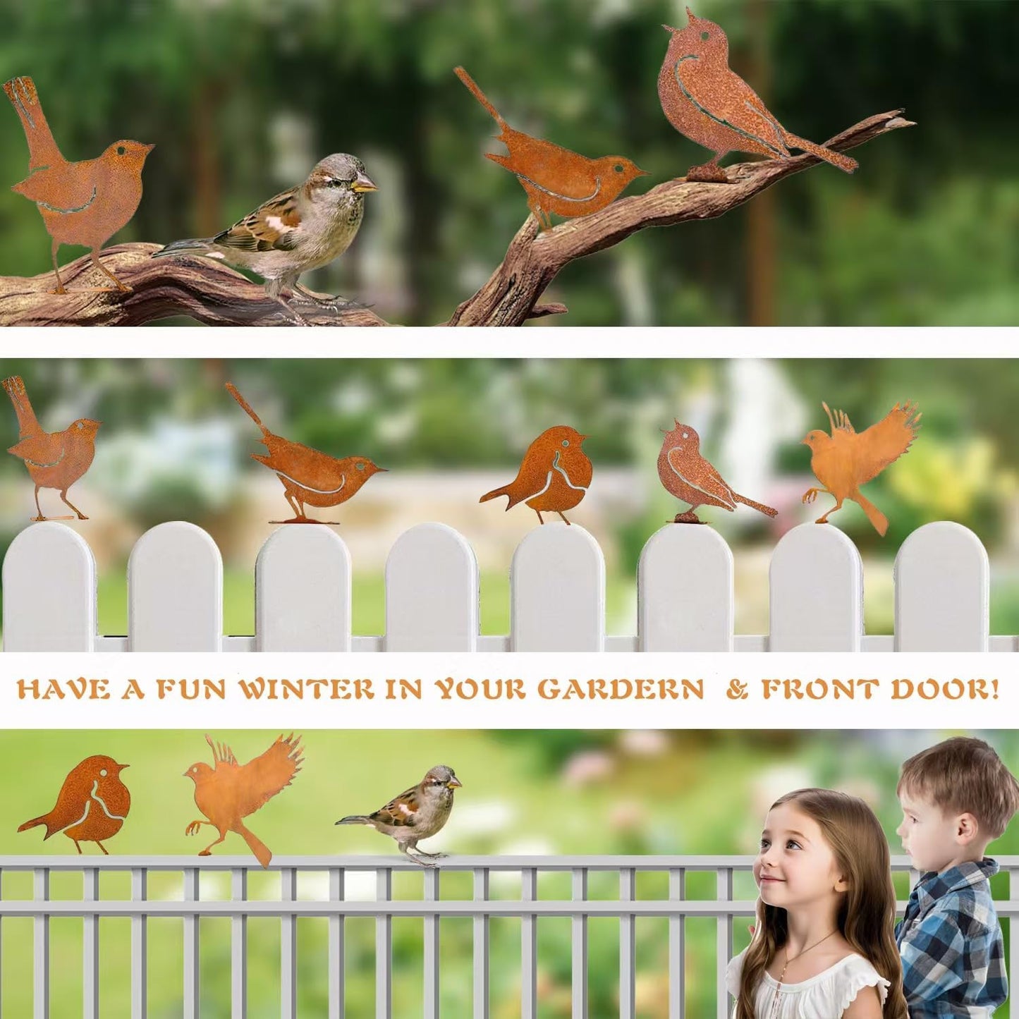 5PCS Rusty Metal Birds Decorations - Handmade Yard Art & Garden Sculptures, Rustic Metal Garden Decor for Outdoor Fences, Patio, and Bird Lovers