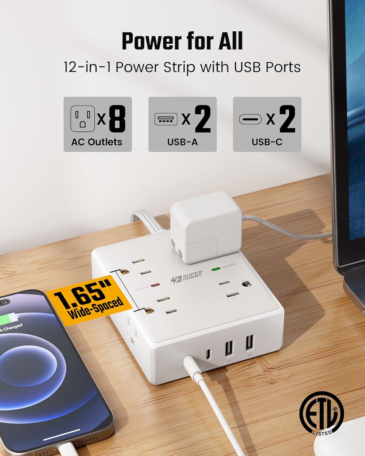 10Ft Extension Cord with Multiple Outlets, Flat Plug Surge Protector P