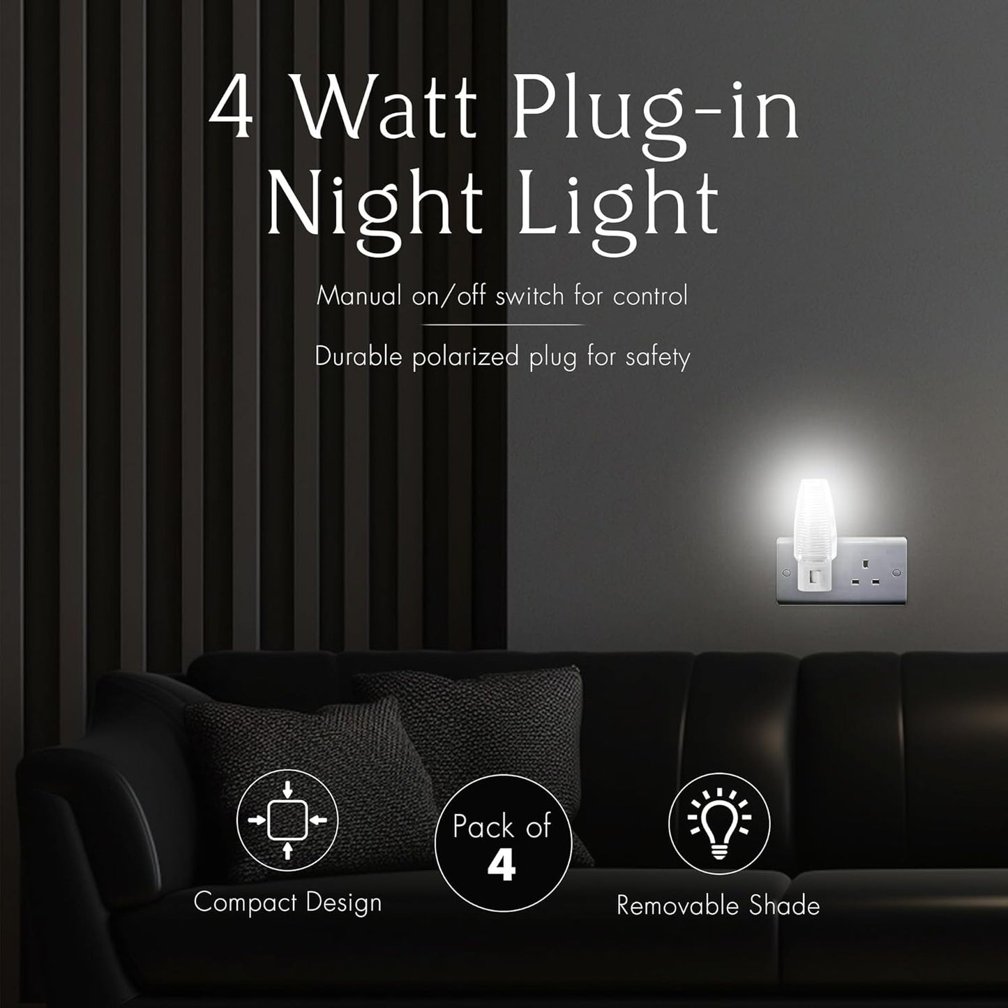 Projectpak Plug in Night Light with Manual On/Off Switch for Hallway, Kid’s Bedroom, Stairways – Includes 4W Incandescent Bulb | 4 Pack
