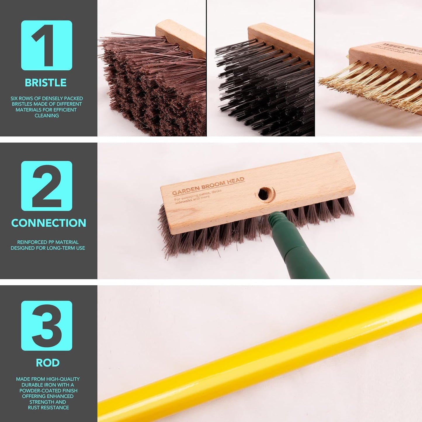 3-in-1 Wire Broom & Garden Brush Set – Adjustable 81-140cm Telescopic Handle with Nylon, Wire, and Gap Brushes for Weeding, Moss & Algae Removal, Patio Cleaning, Outdoor Scrubbing