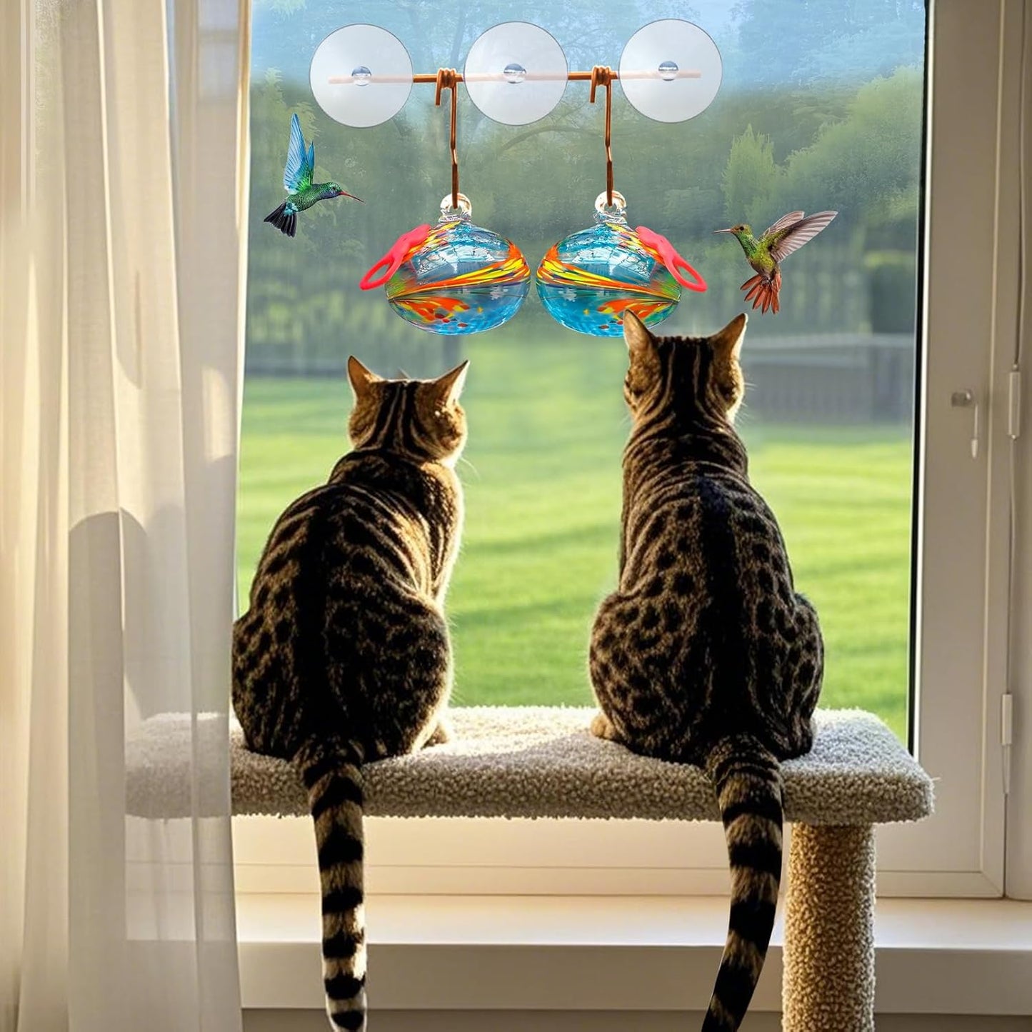 Window Hummingbird Feeder with Suction Cups,Hand-Blown Glass Hummingbird Feeders for Outdoors Window Mounted with Metal Hook,Close Bird Watching(Blue)