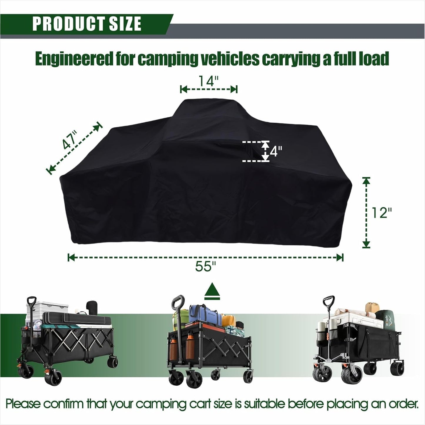 Utility Wagon Cover Waterproof – Heavy Duty Folding Wagon Cover for Garden Cart Outdoor Storage, Fits Wagon Up to 55" L x 47" W x 16" H