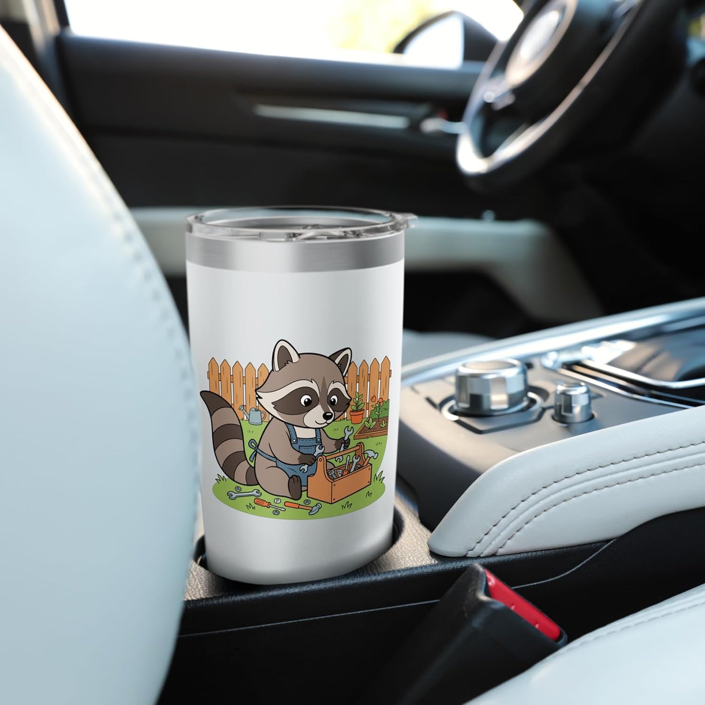 Cute Raccoon Mechanic With Toolbox In Garden Stainless Steel Insulated