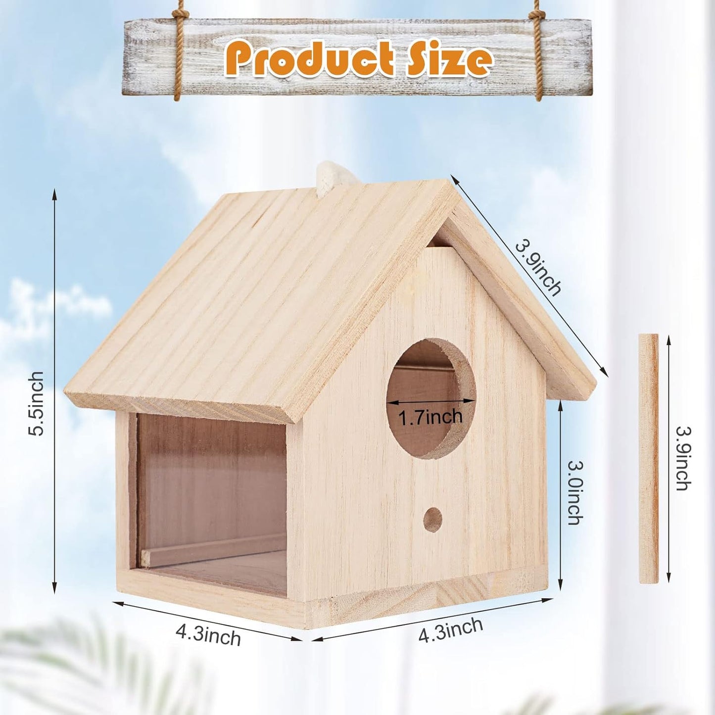 YUEPET Outdoor Bird Houses Transparent Wooden Bird House for Outside with Lanyard and Screws,Hanging Birdhouse Clearance for Finch Bluebird Cardinals Hummingbird