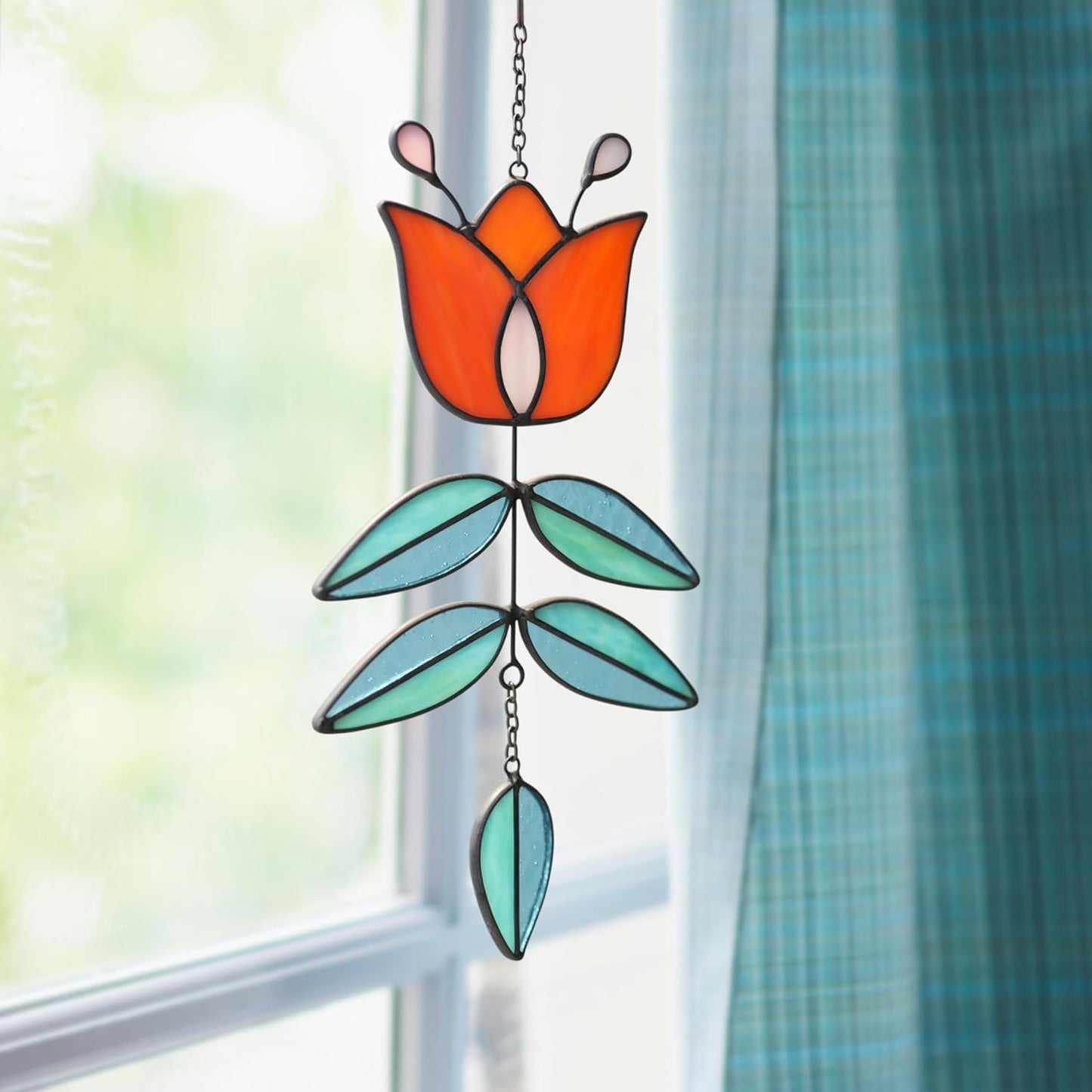 Coral Tulip Stained Glass Suncatcher, Folk Flower Stained Glass Window Hanging Sun Catcher, Retro Funky Home Decor, Handmade Coastal Ornaments, 9.4" x 4.7"