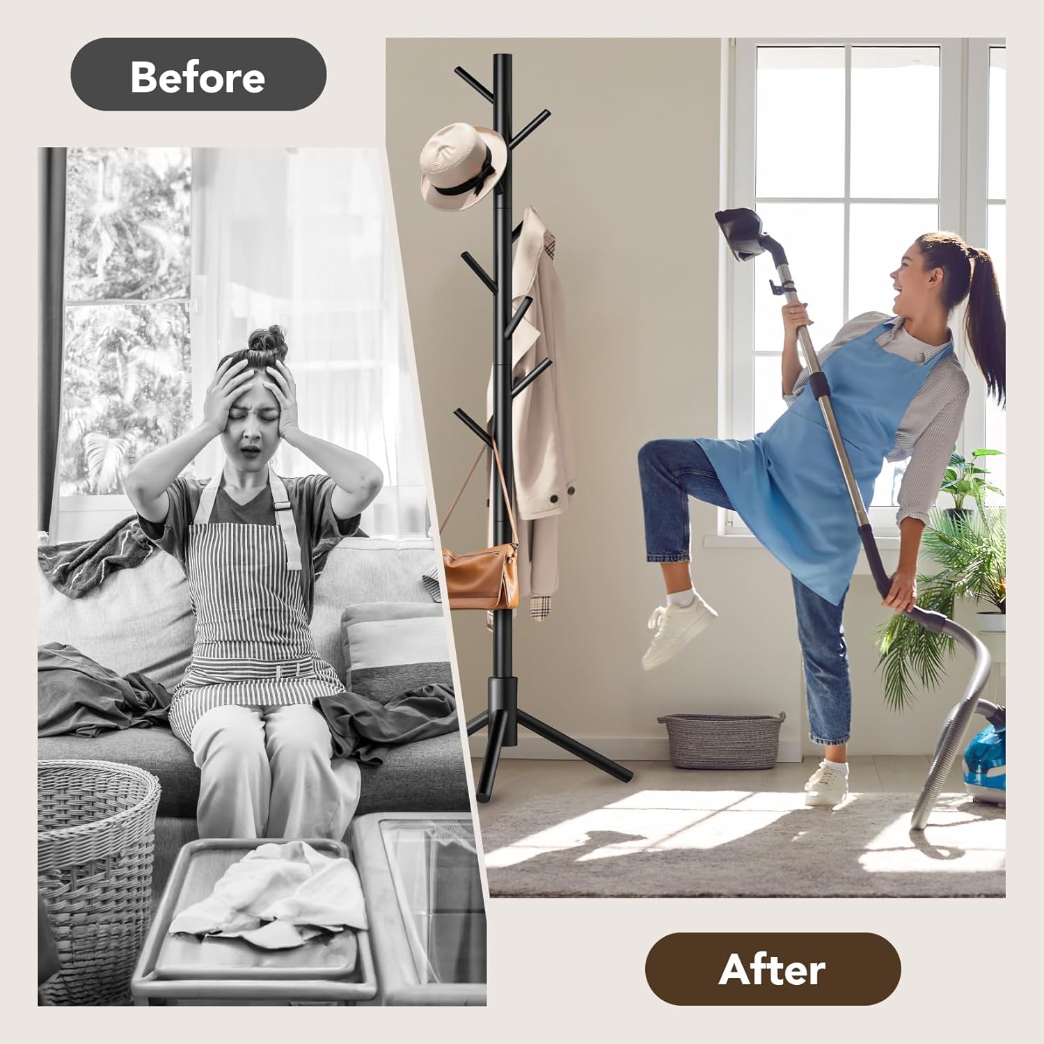 Wooden Tree Coat Rack Stand,Sturdy Freestanding Coat Rack with 8 Hooks