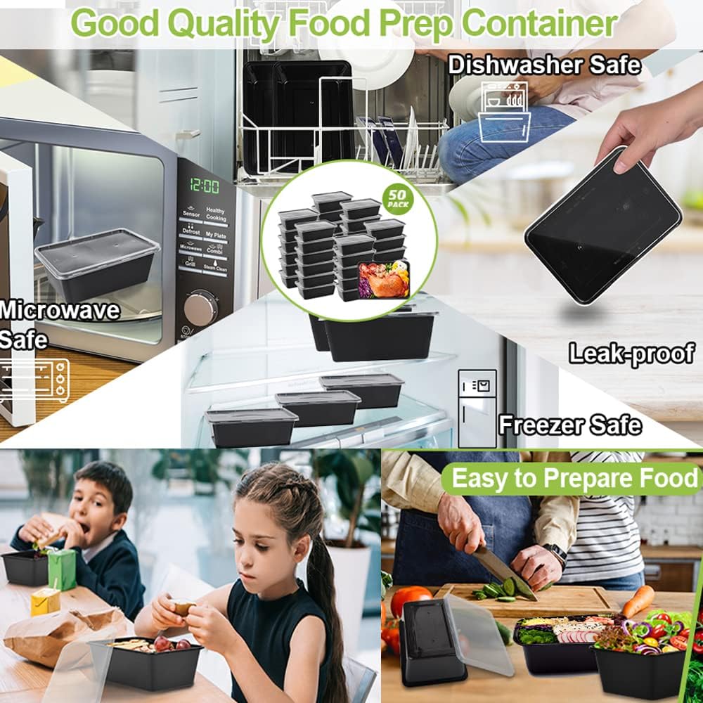 50-Pack Meal Prep Containers, 26 OZ Microwavable Reusable Food Containers with Lids for Food Prepping, Disposable Lunch Boxes, Plastic Food Boxes- Stackable, Freezer Dishwasher Healthy