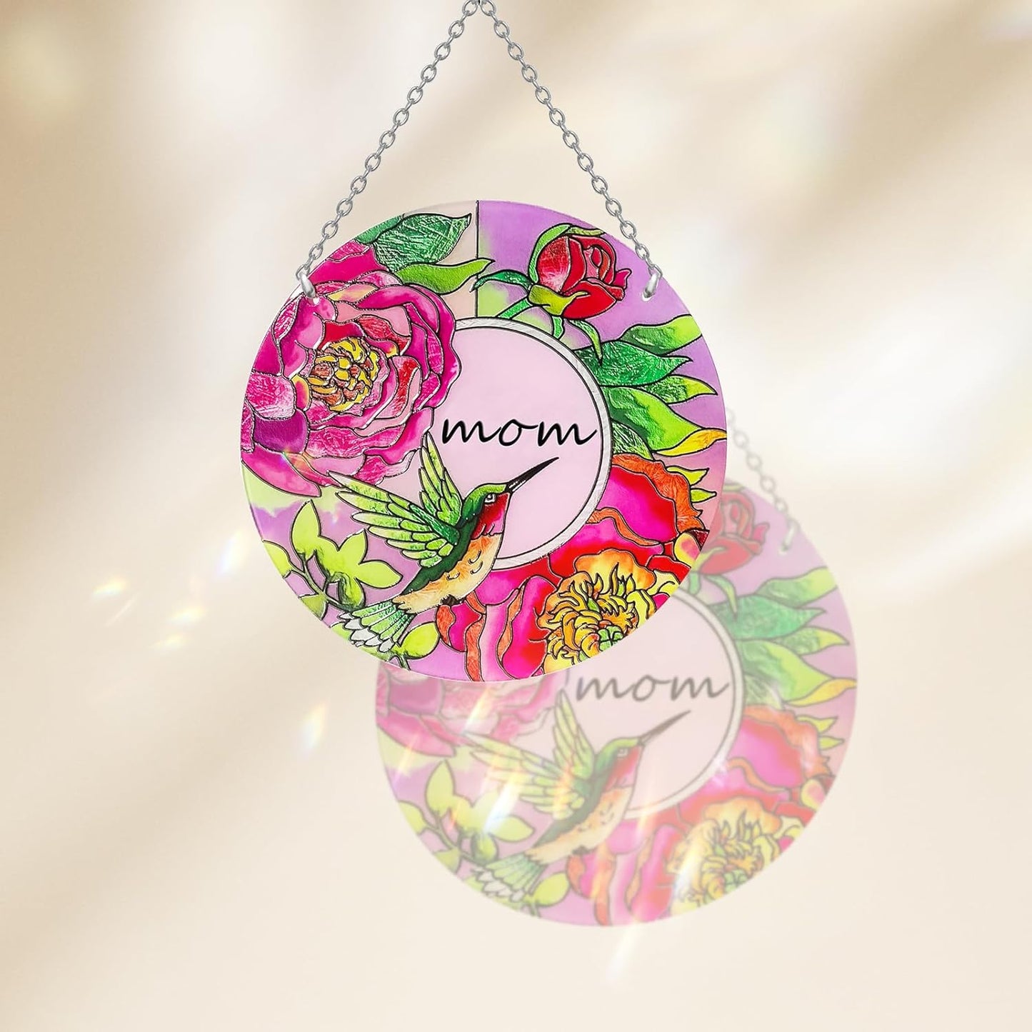 Hummingbird Gifts for Mom, Stained Glass Bird Window Hangings, Sun Catcher Ornament Hanging for Windows, Hummingbird Suncatcher for Women, Mother's Day Birthday Christmas (Suction Cup, 6in)
