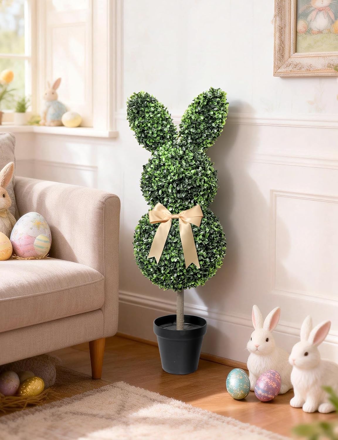 Artificial Bunny Shaped Topiary Tree with Bow, 2 Pcs Easter Rabbit Boxwood Topiaries Plant, 3 Ft Easter Decorations with Planter Pot, Spring Decor for Front Porch, Patio, Lawn, Backyard & Indoor Decor