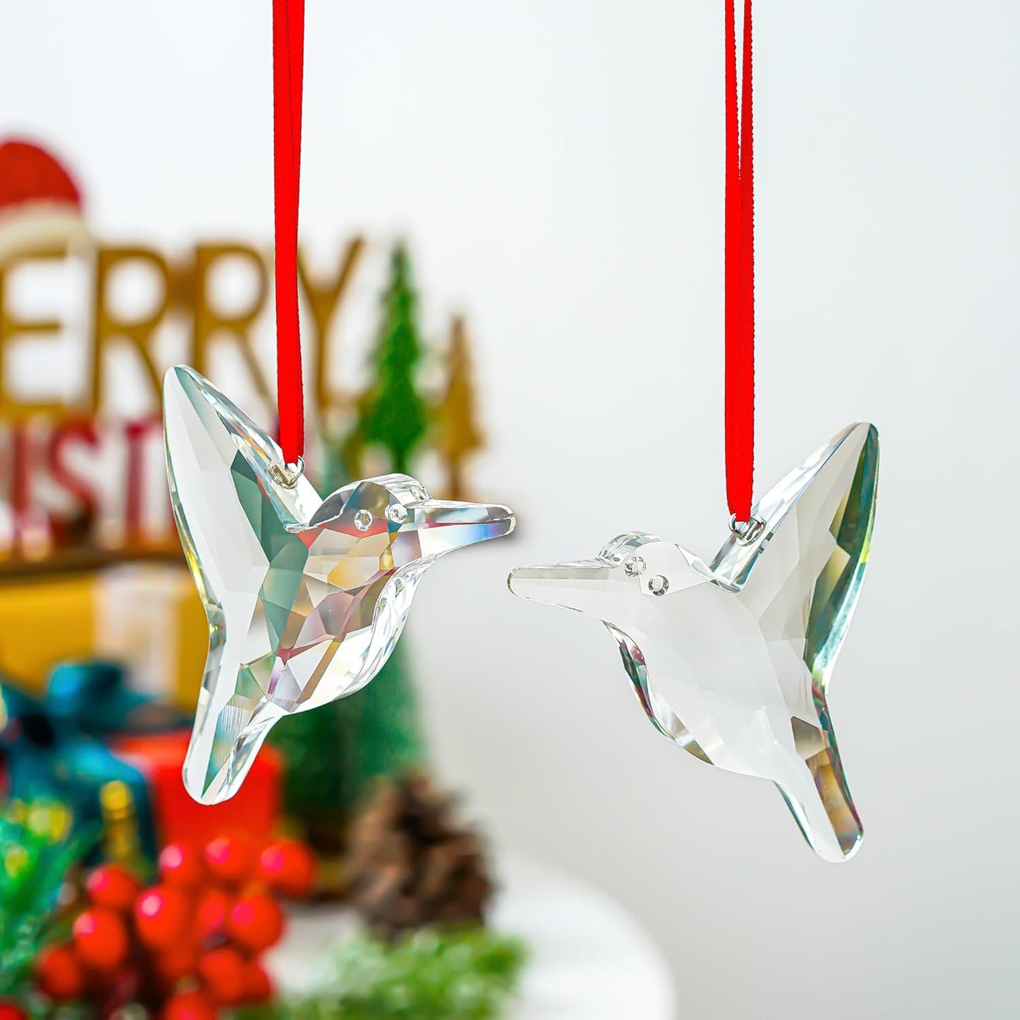 H&D HYALINE & DORA Set of 2 Crystal Hummingbird Suncatchers Rainbow Glass Hummingbird Sun Catcher Hanging Crystals for Window Garden Home Christmas Decor(3 inch)