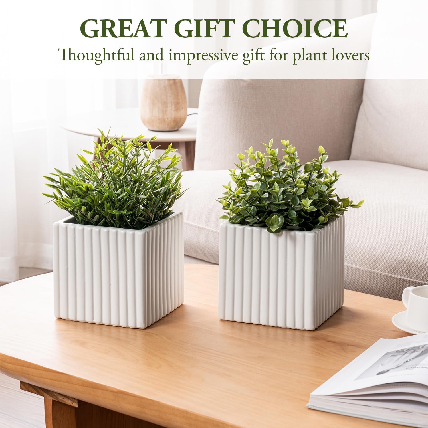 MyGift 6.3 Inch Square Vintage White Ceramic Succulent Planter Pot wit