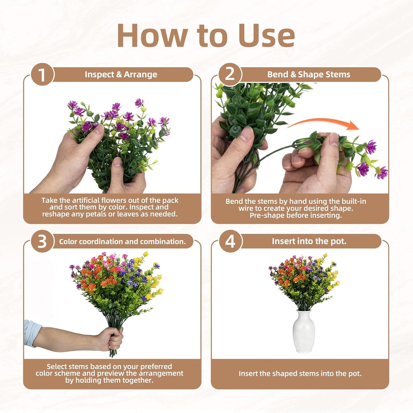 Artificial Flowers, Artificial Plants Outdoor for Spring Summer, Realistic Fake Flowers, for Garden, Porch, Patio, Party Wedding Decoration (12, Purple, Red, Pink, White, Yellow, Fuchsia)