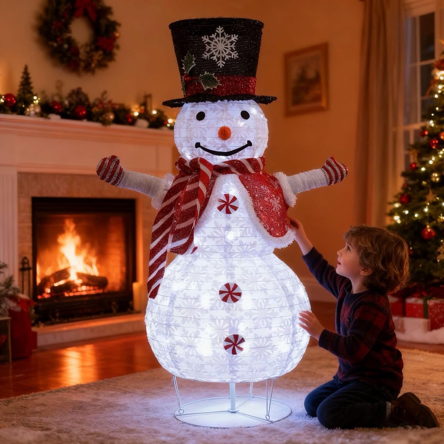 42-inch red Snowman 3D Christmas Collapsible Decorations，Lighted Outdoor Xmas Snowman Garden Décor，Pre-Lit for Indoor/Outside Yard Holiday Decoration 3.5FT(red)