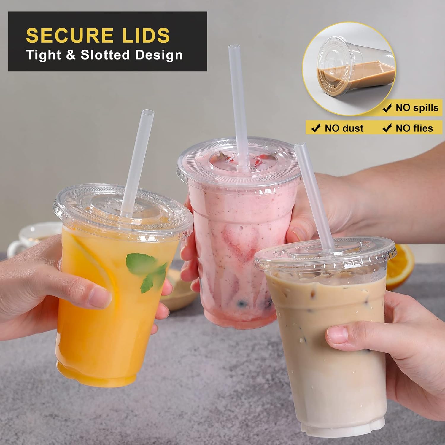 VITEVER [100 Sets - 16oz] Clear Plastic Cups with Lids and Straws, Dis