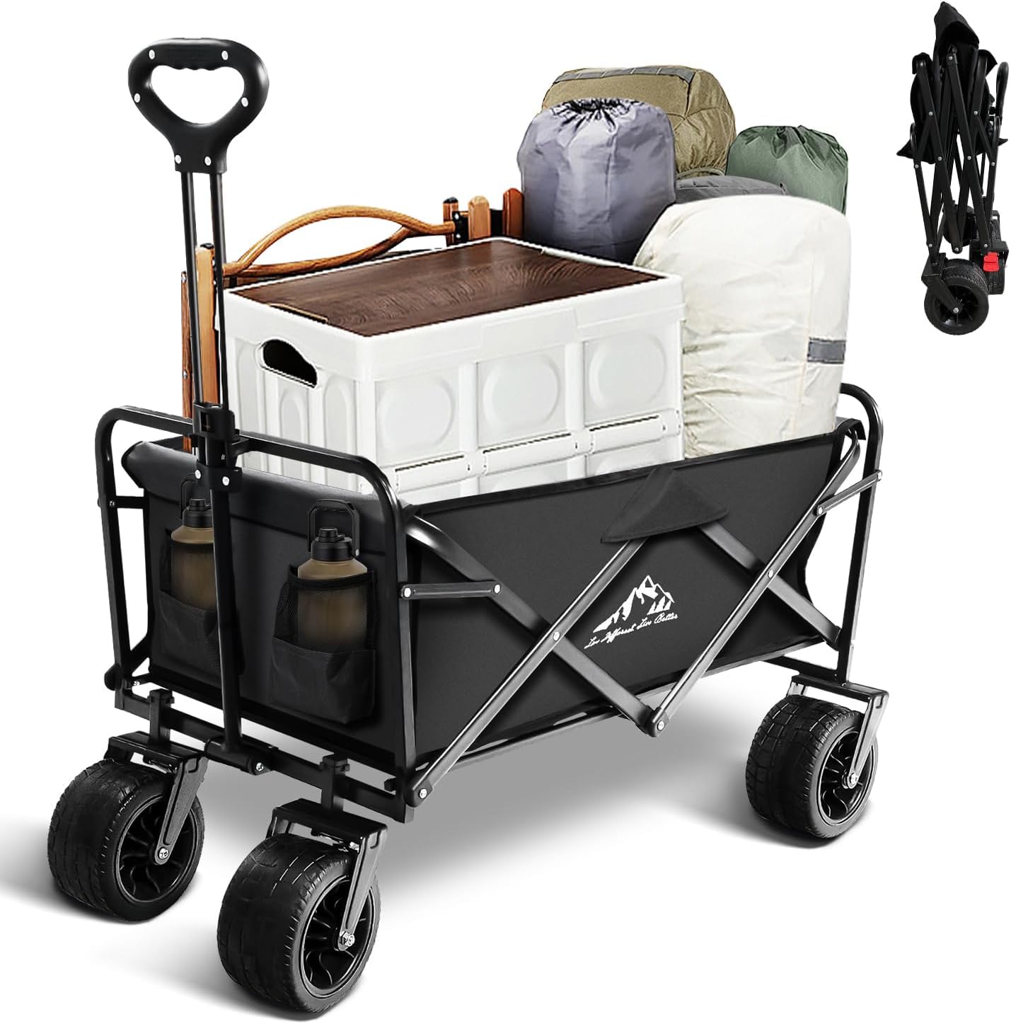 Heavy Duty Collapsible Wagon Cart with Wheels - Large Capacity Foldable Portable Utility Wagon for Grocery, Beach, Camping & Sports Shopping, Black
