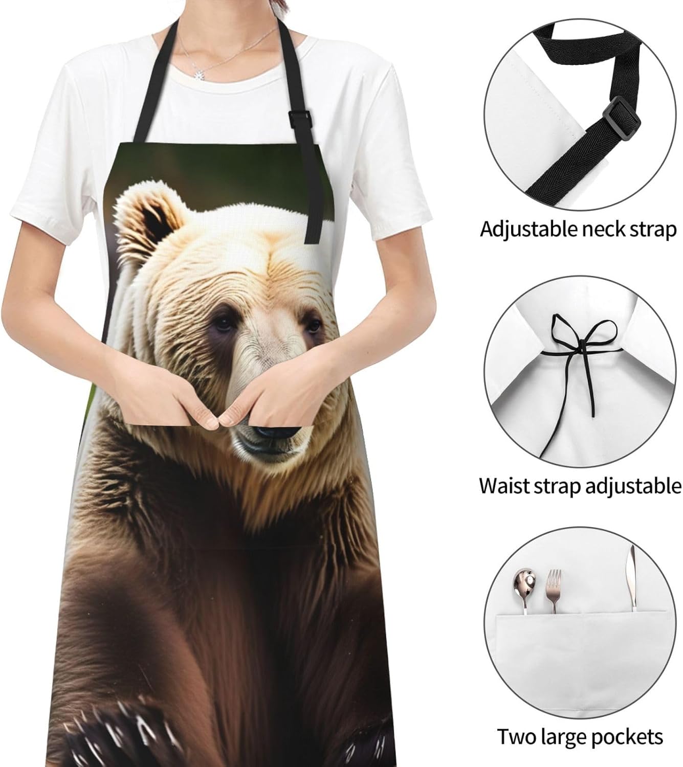 White bear brown bear print Waterproof chef's apron with pocket apron for kitchen cooking baking barbecue and gardening