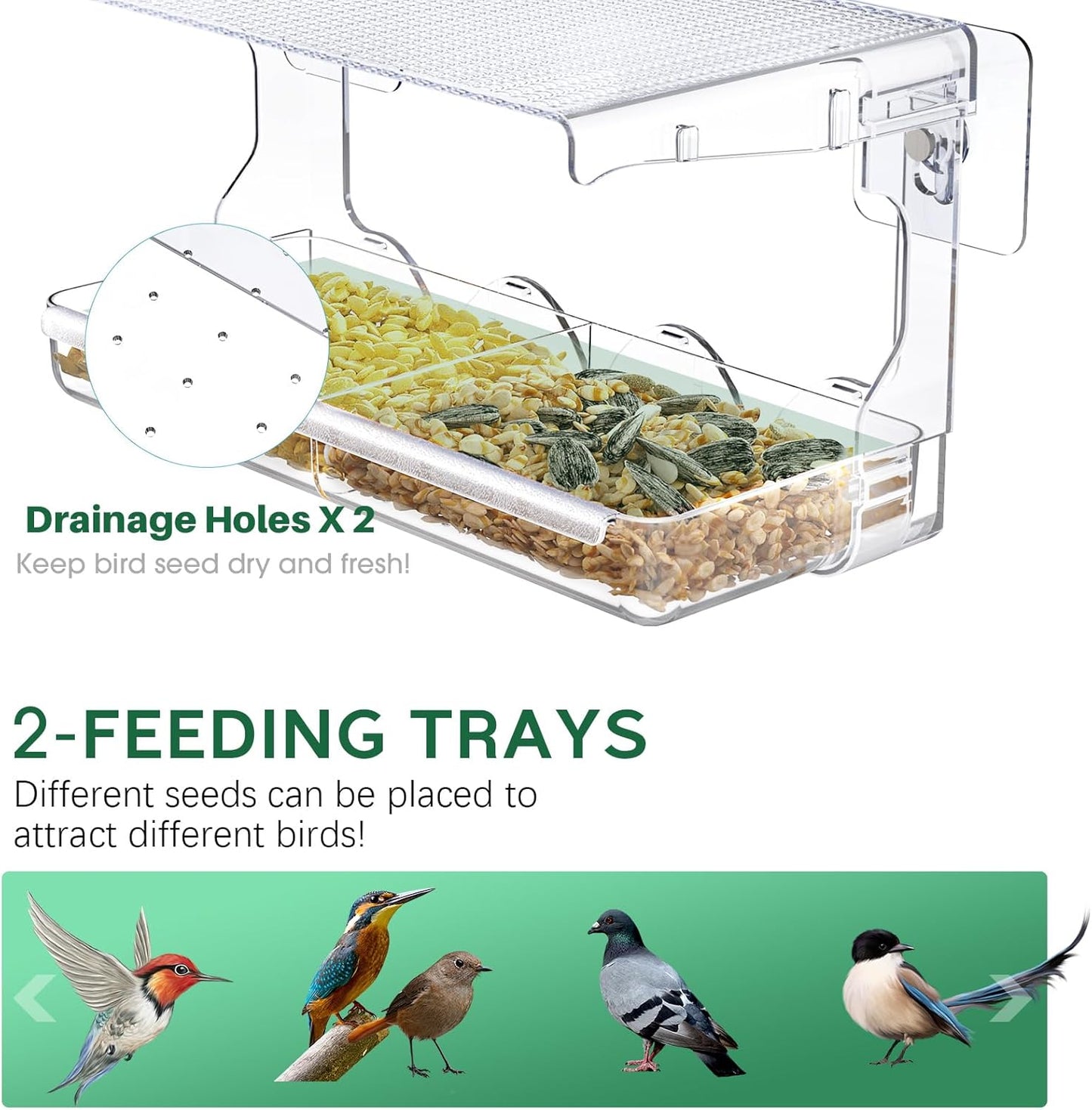 Window Bird Feeder for Outdoors, Clear Birds Feeders Window Mounted with Self-Adhesive Hooks, Outside Wild Bird Watching for Hummingbird,Finch in Garden, Yard, Elderly Kids Viewing