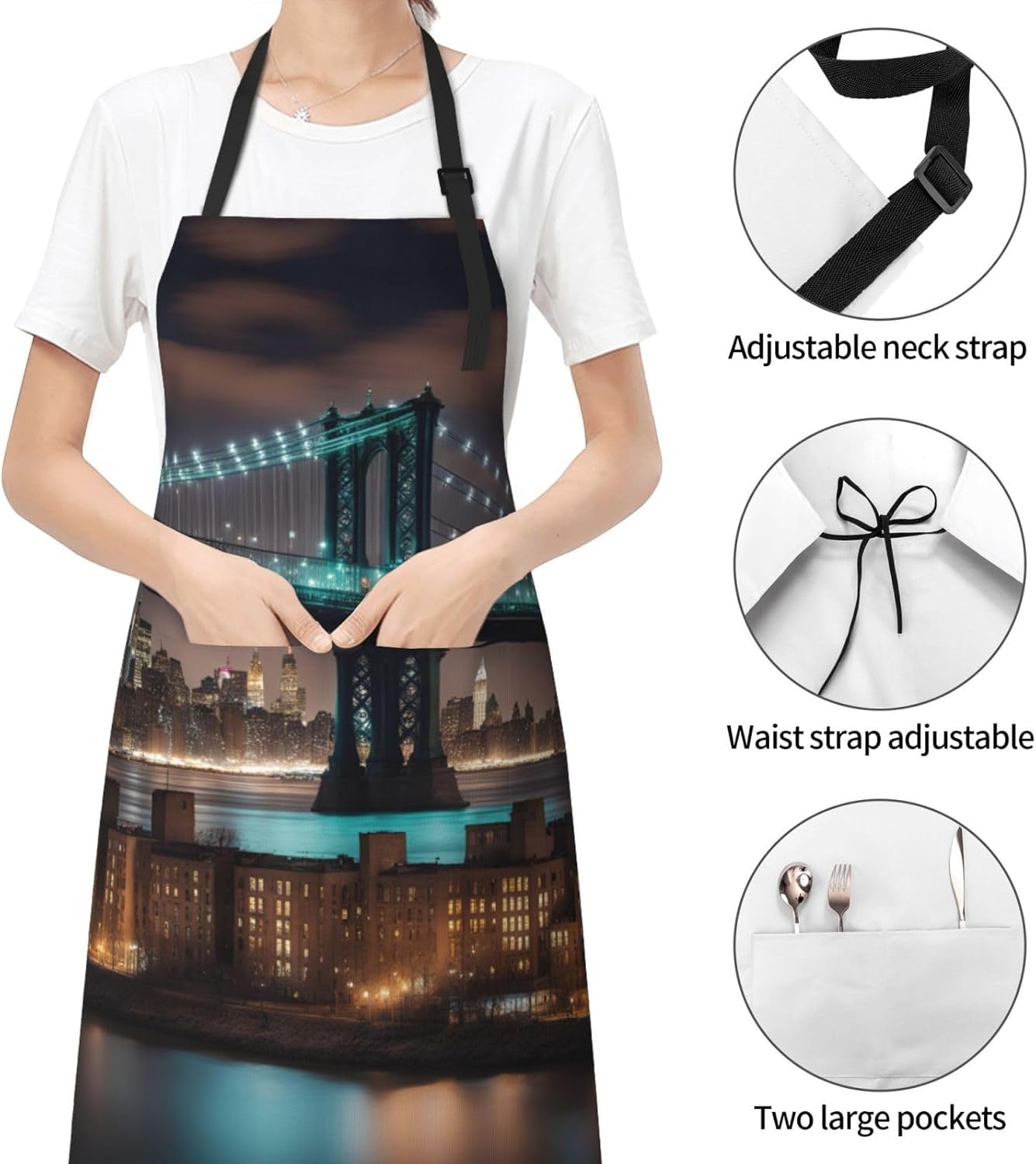 New York Manhattan Bridge Night print Waterproof chef's apron with pocket apron for kitchen cooking baking barbecue and gardening