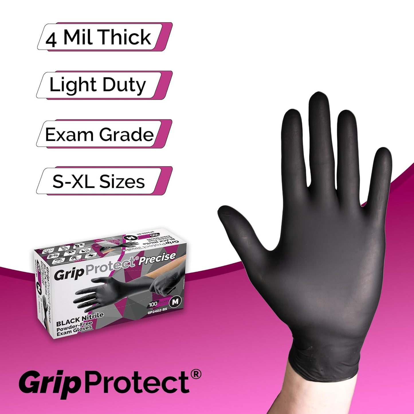 GripProtect® Precise Black Nitrile Gloves, Exam, 4 Mil, Food, Home, Cleaning, Medical/Dental, Tattoo (Large, 100)