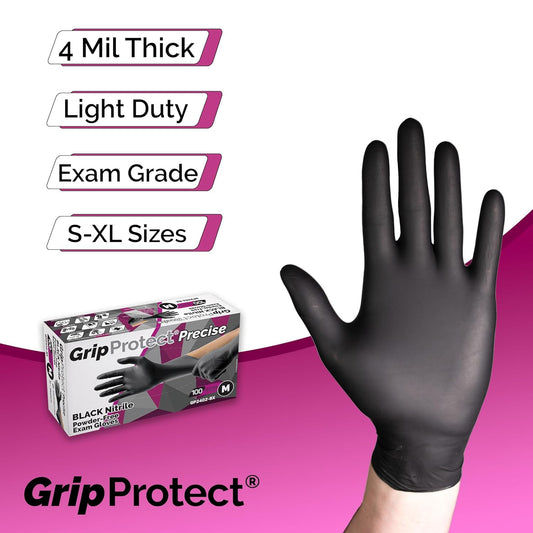 GripProtect® Precise Black Nitrile Gloves, Exam, 4 Mil, Food, Home, Cleaning, Medical/Dental, Tattoo (Large, 100)