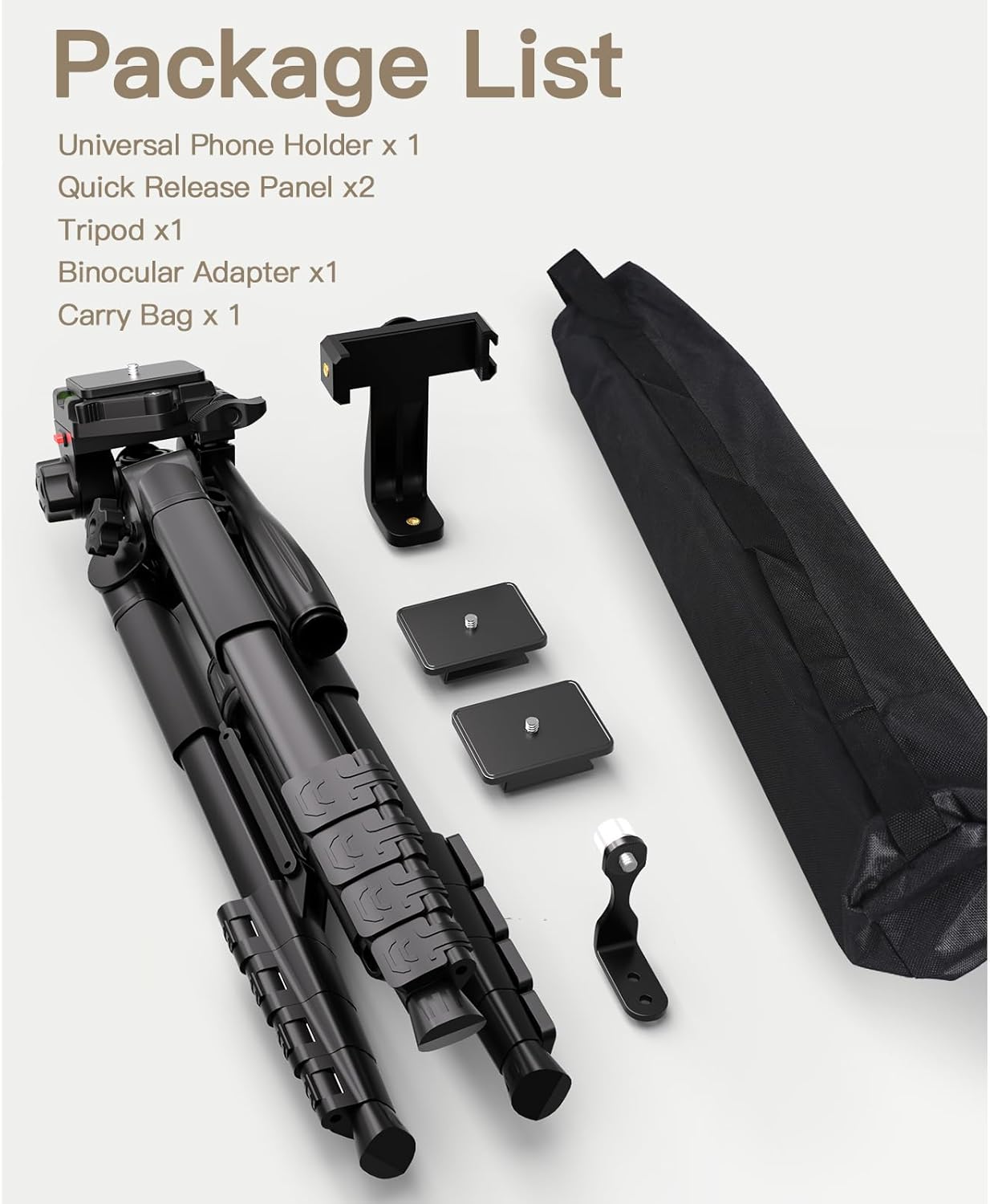 69” Tripod for Spotting Scopes, Binocular & Camera, Includes Binocular Adapter, 2 QR Plates, Phone Holder & Carry Bag, Ideal for Bird Watching, Hunting, Wildlife Viewing & Target Shooting