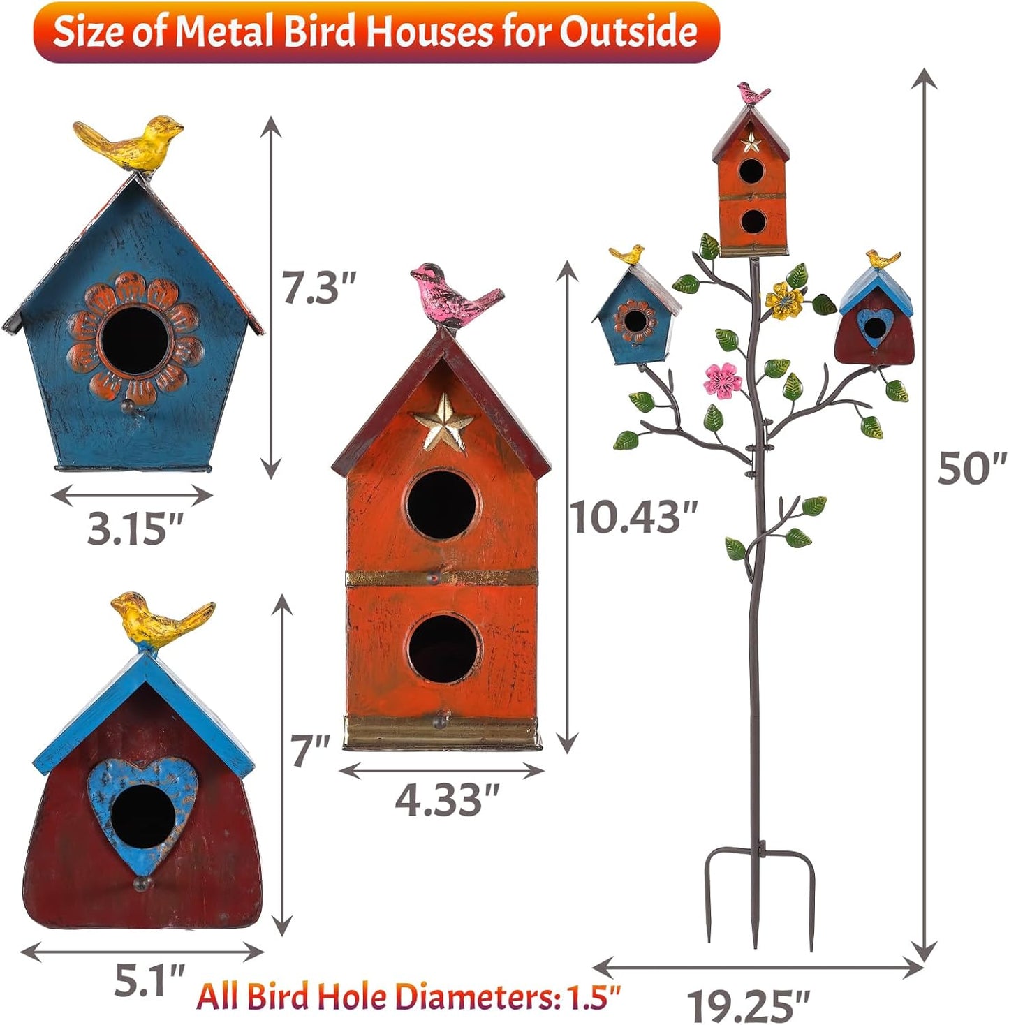 Multi-Bird Houses for Outside with Pole, Durable Colorful Birdhouse on Stake, Easy Clear, Metal Bird Houses for Outside