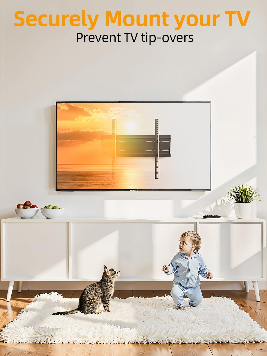 43 50 55 inch Fixed Low Profile TV Wall Mount for 24-65 inch LED/LCD & Flat/Curved TVs, Universal Wall Mount Bracket with Safe Lock, Max VESA 400x400mm, up to 99Lbs & 16 '' Stud