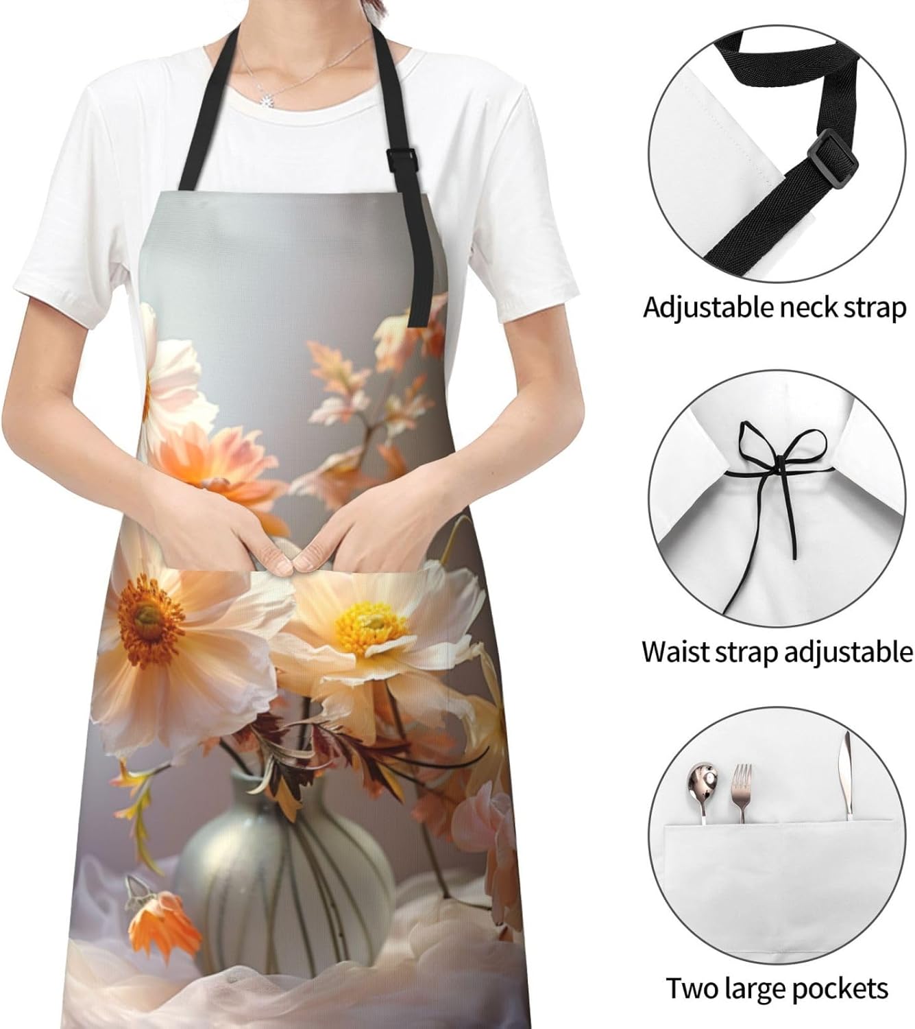 Hand Drawn Flower print Waterproof apron with pocket adjustable cookin