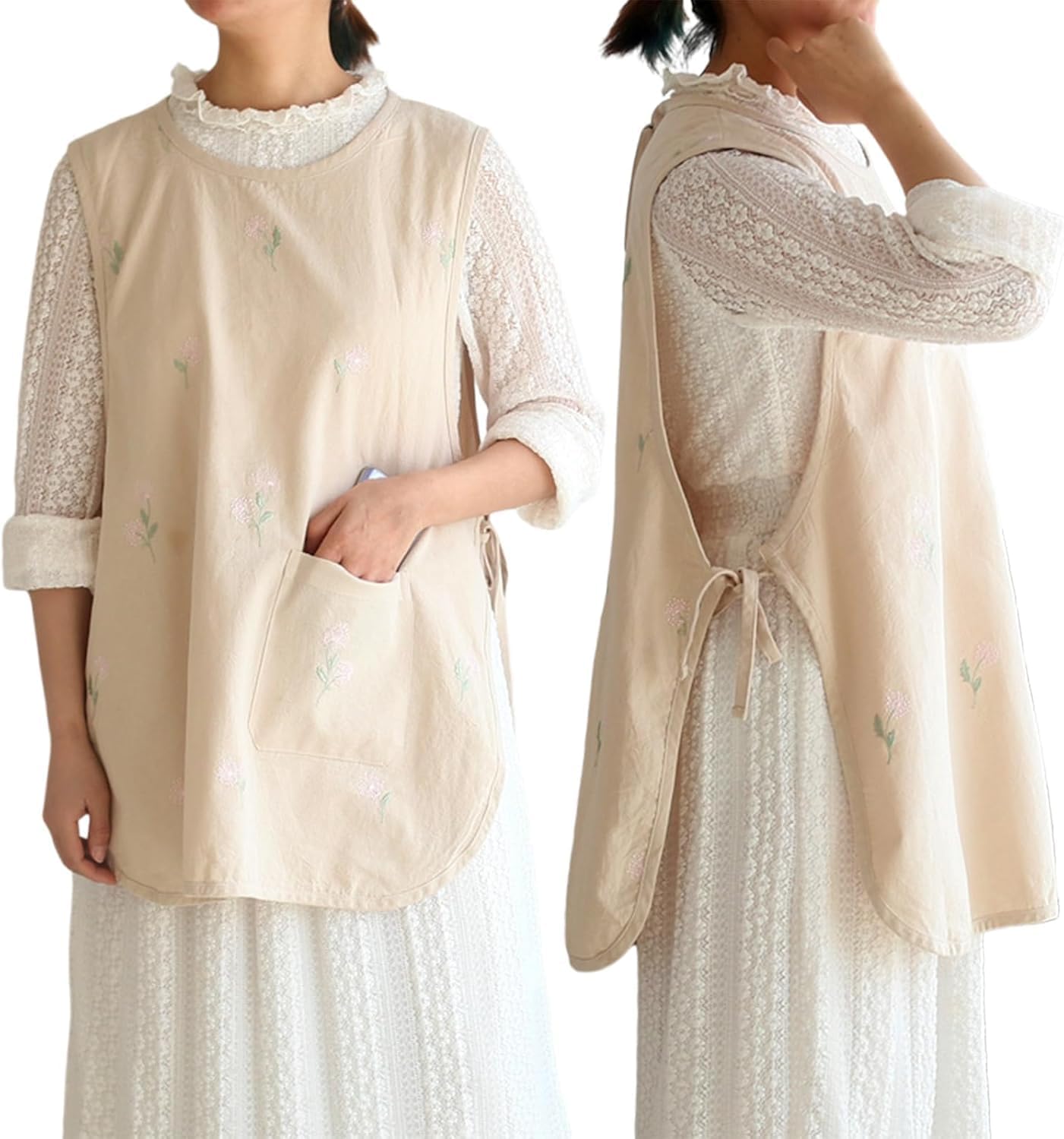 Cotton Cobbler Apron with Pocket for Parent and Child, Embroidered Flo