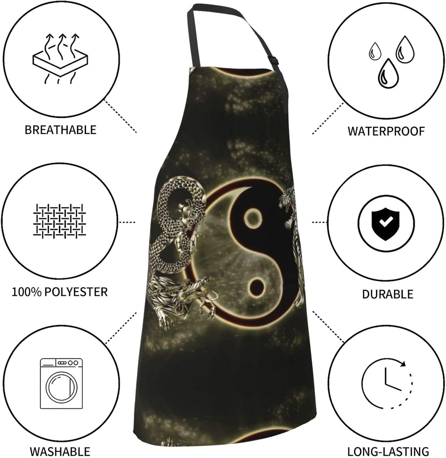 yin yang Dragon Tiger Print 28x33 In Adult Kitchen Apron with Pockets Versatile Chef Smock for Cooking Baking