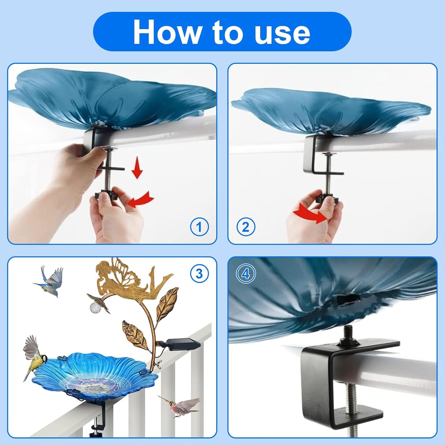 Homight Deck Installation Bird Bath, Hummingbird Solar Bird Bath LED Lights, Adjustable Metal Weather Resistant Durable Deck Bird Bath Bracket, Outdoor Balustrade, Garden, (Angels Holding Lanterns)